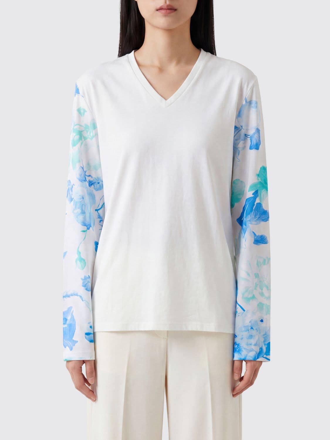 Maison Margiela Floral-Print V-Neck Long-Sleeved Cotton T-Shirt