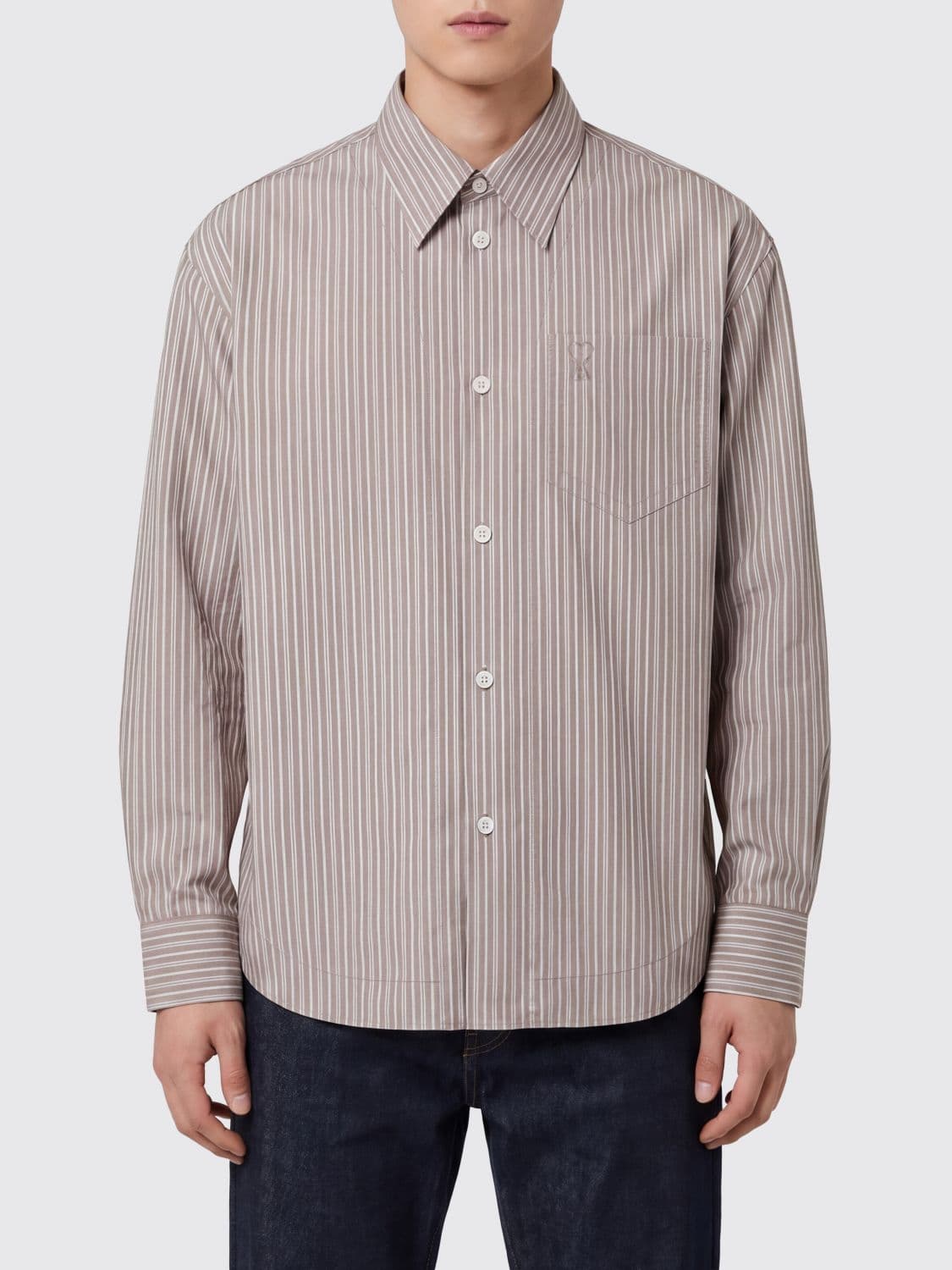 Ami Paris Relaxed Fit Striped Cotton Shirt with a Point Collar and Patch Pocket