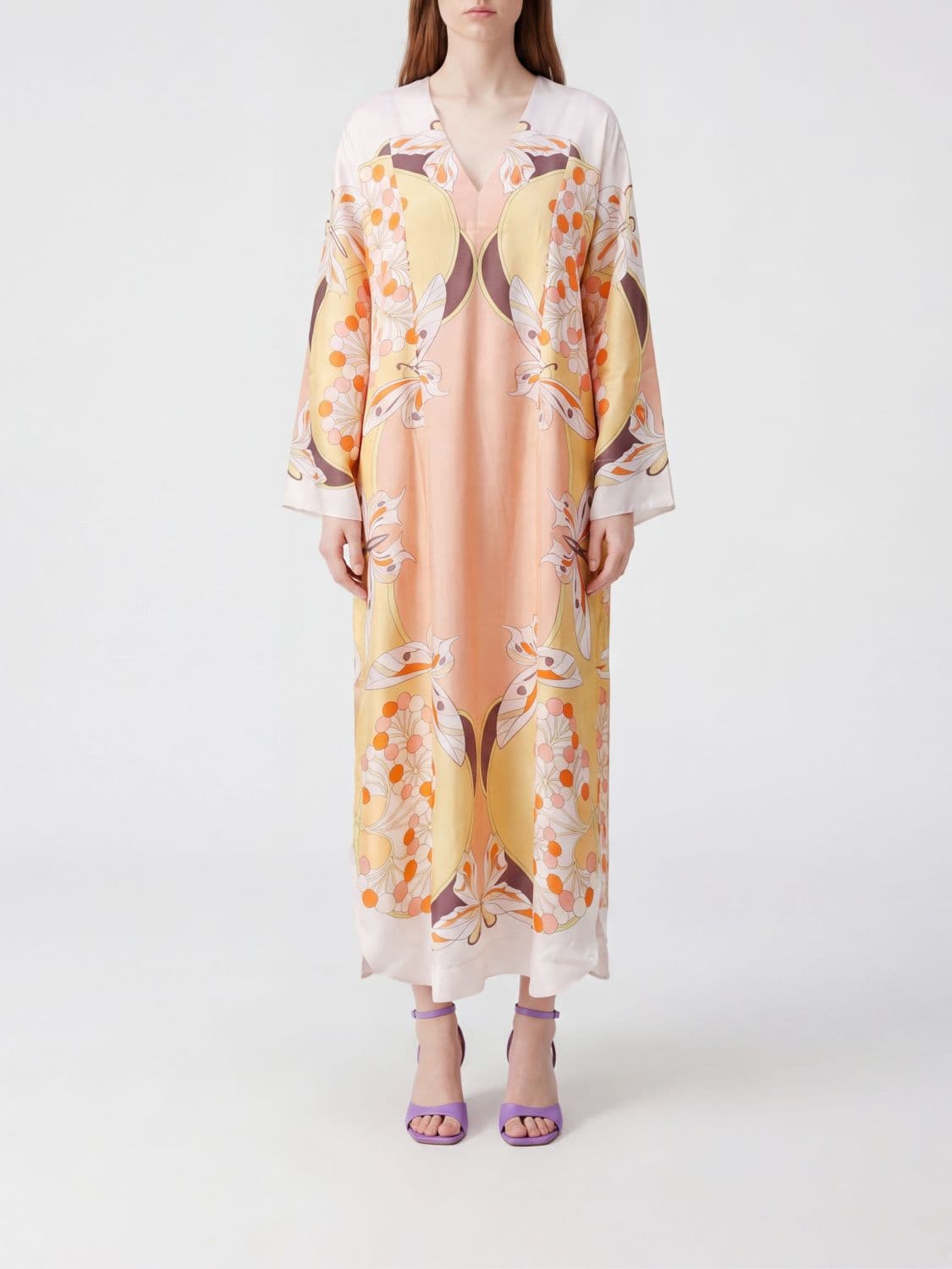 La Doublej V-Neck Silk Midi Caftan with Ethnic Print