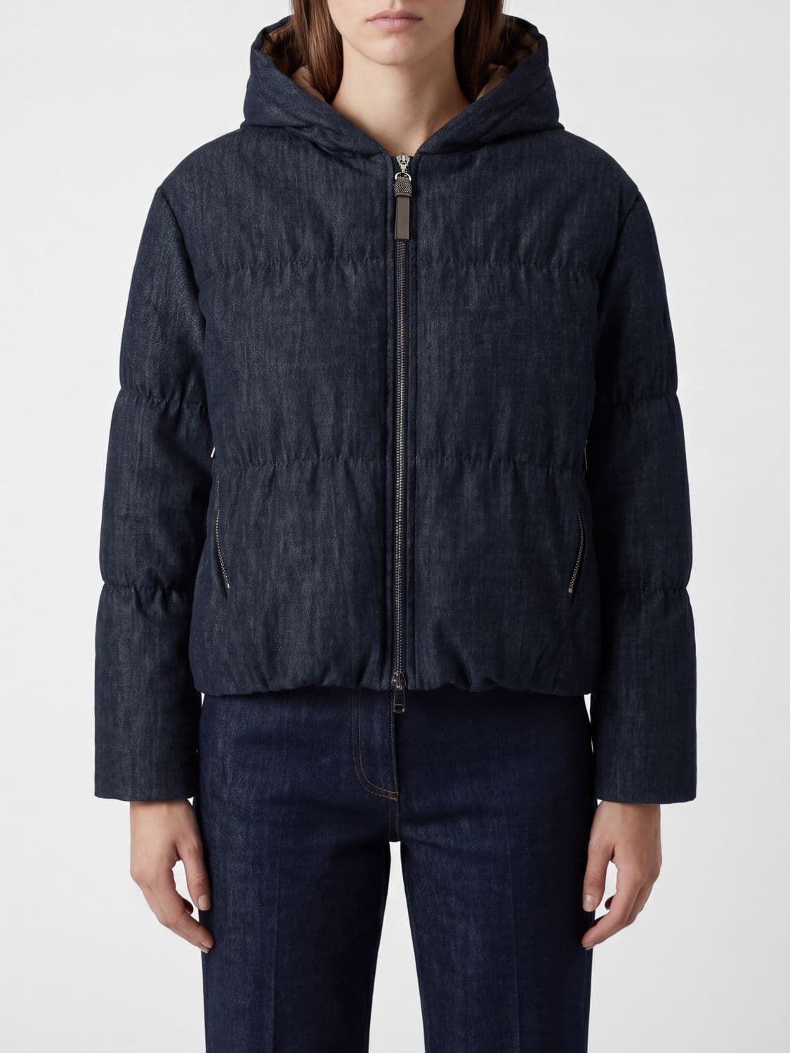 Brunello Cucinelli Short Quilted Cotton Down Jacket with Hood and Zip Closure