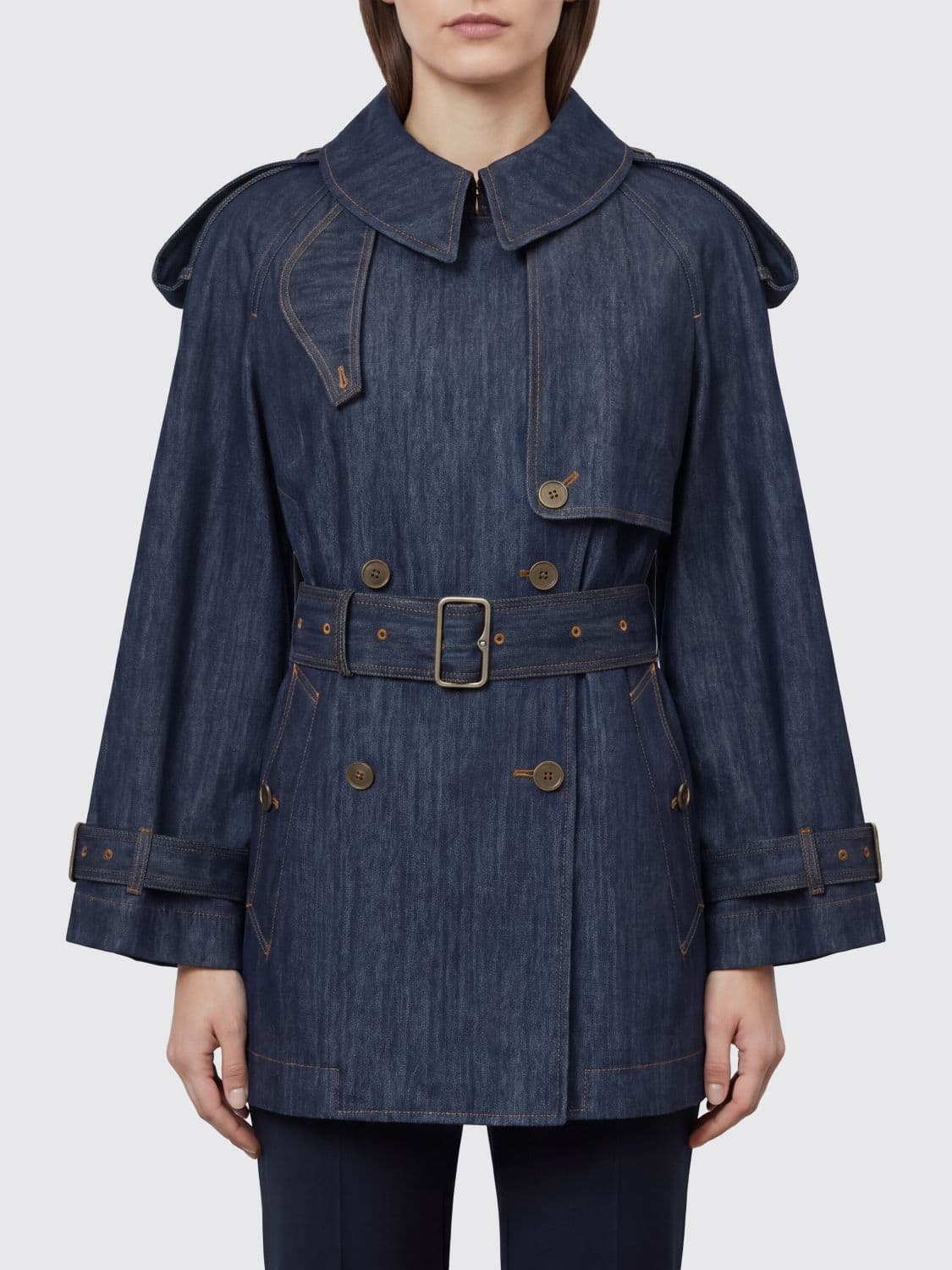 Burberry Short Double-Breasted Denim Trench Coat with Epaulettes