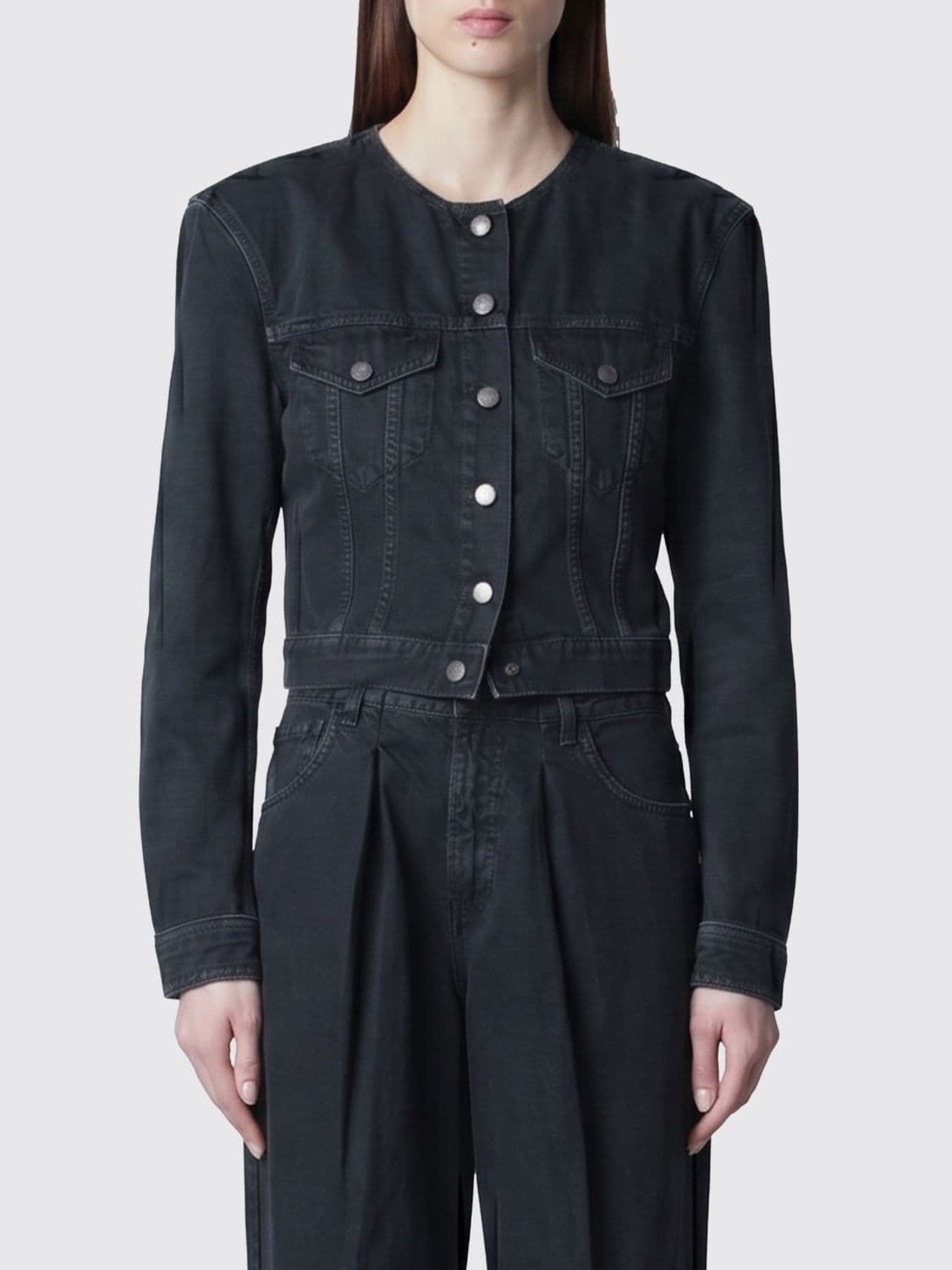 Haikure Cropped Cotton Denim Jacket with Padded Shoulders · M
