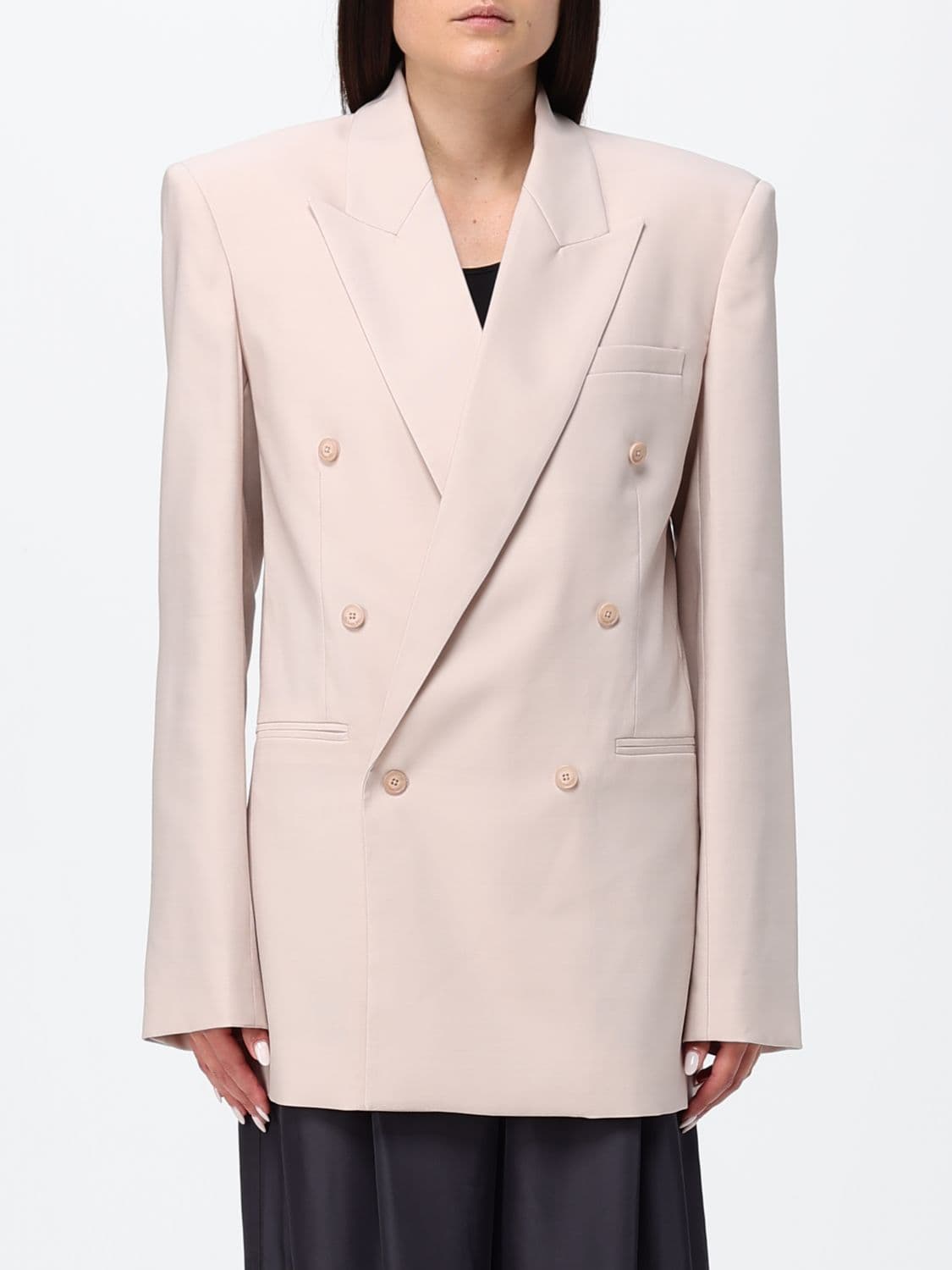 The Frankie Shop Slim Fit Double-Breasted Wool Blend Blazer with Peak Lapels