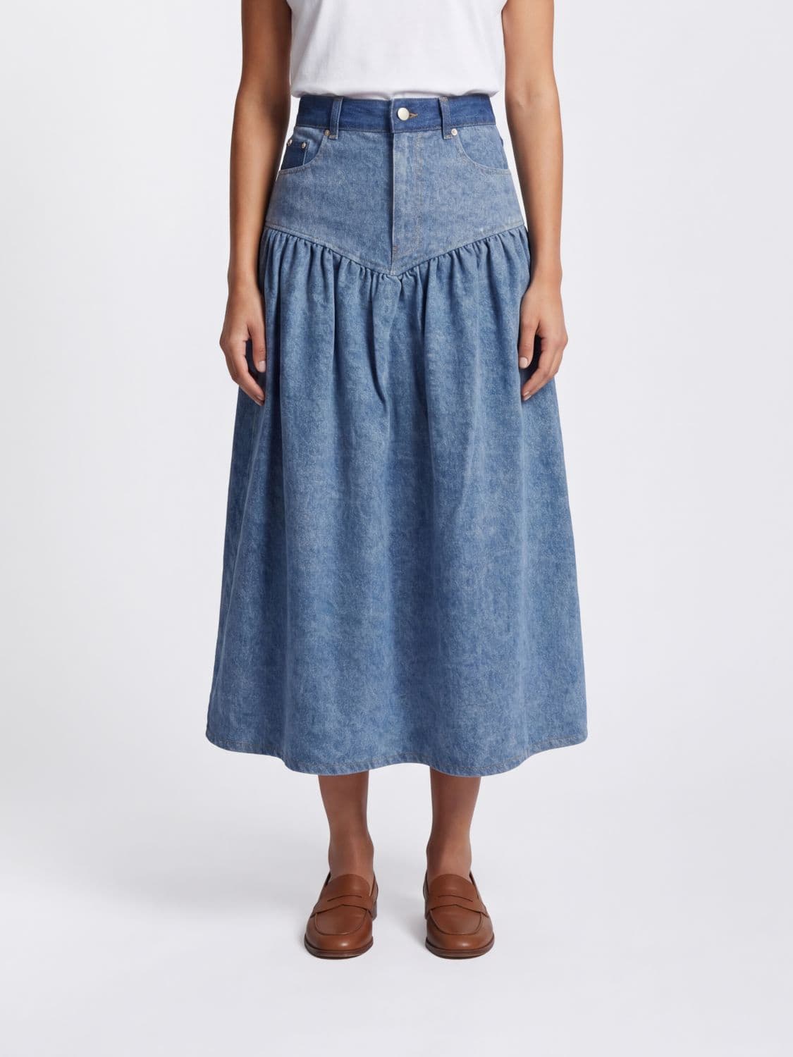 Ganni A-Line 5-Pocket Cotton Denim Midi Skirt · 34