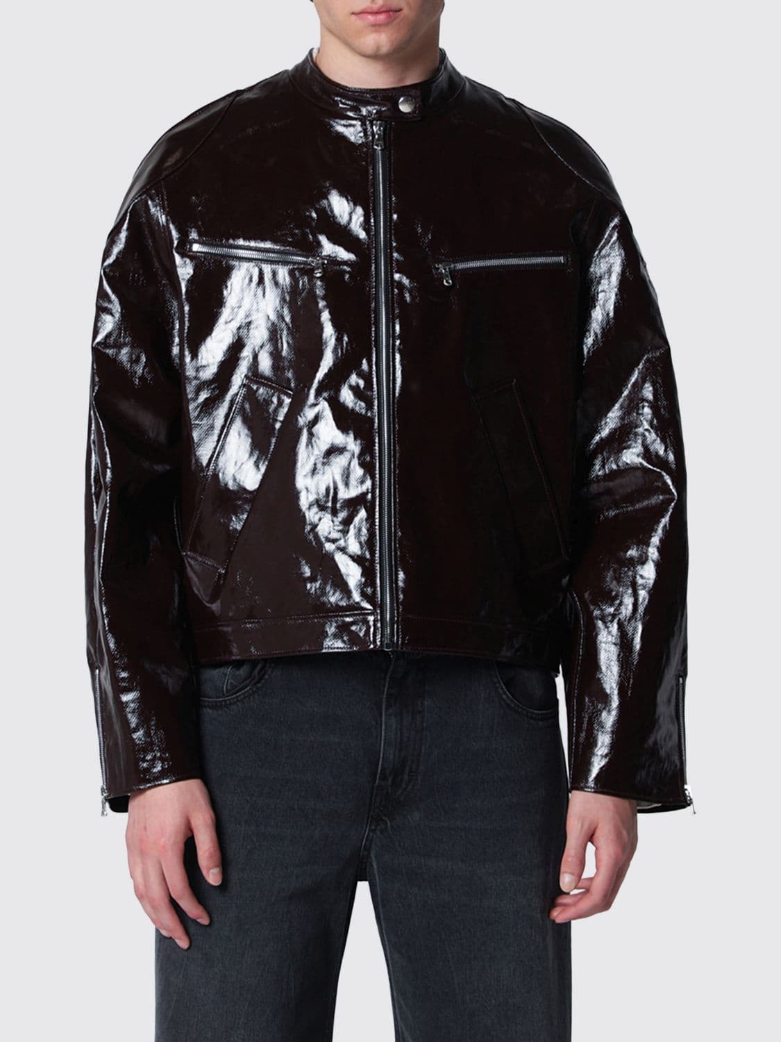 Séfr Relaxed Fit Leather Bomber Jacket with Biker Collar and Dropped Shoulders