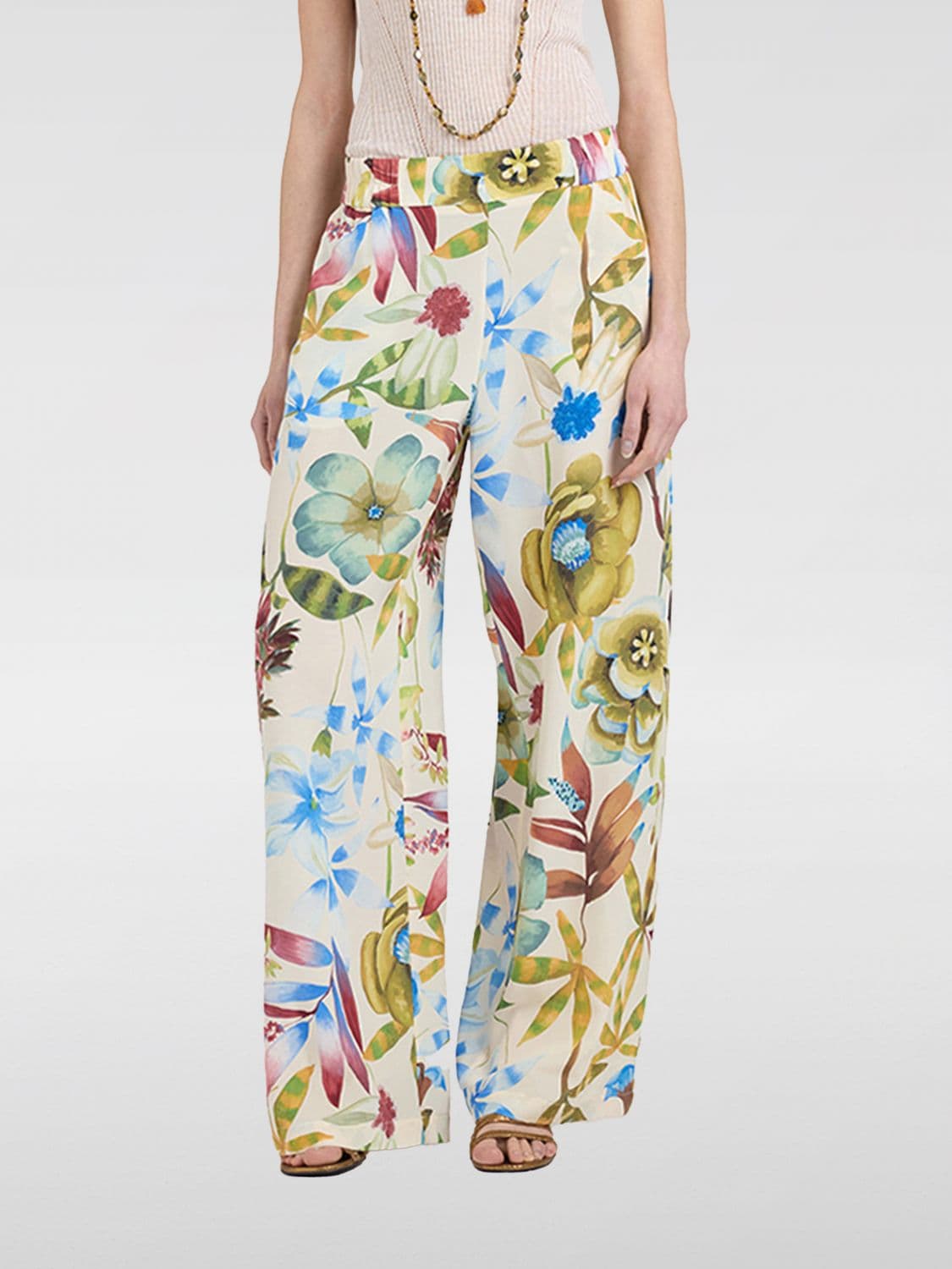 Momonì High-Waisted Floral Print Silk Palazzo Trousers