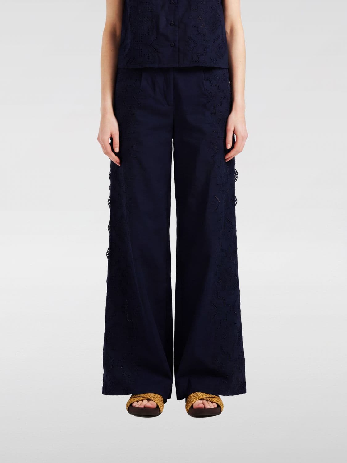 Momonì High-Waisted Poplin Palazzo Trousers with Macramé Inserts