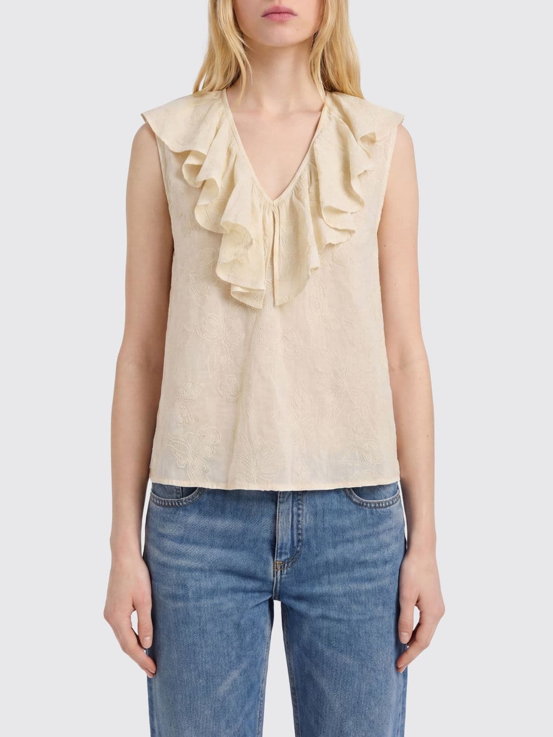 Momonì Sleeveless Cotton V-Neck Blouse with Ruffles