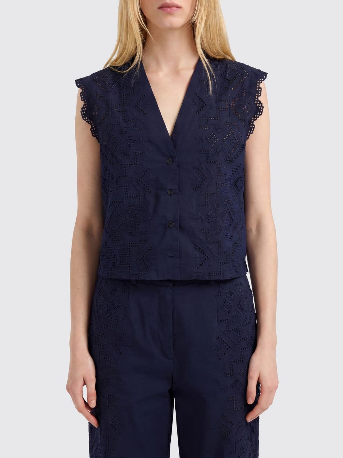 Momonì Sleeveless Openwork Cotton Blouse with Embroidery