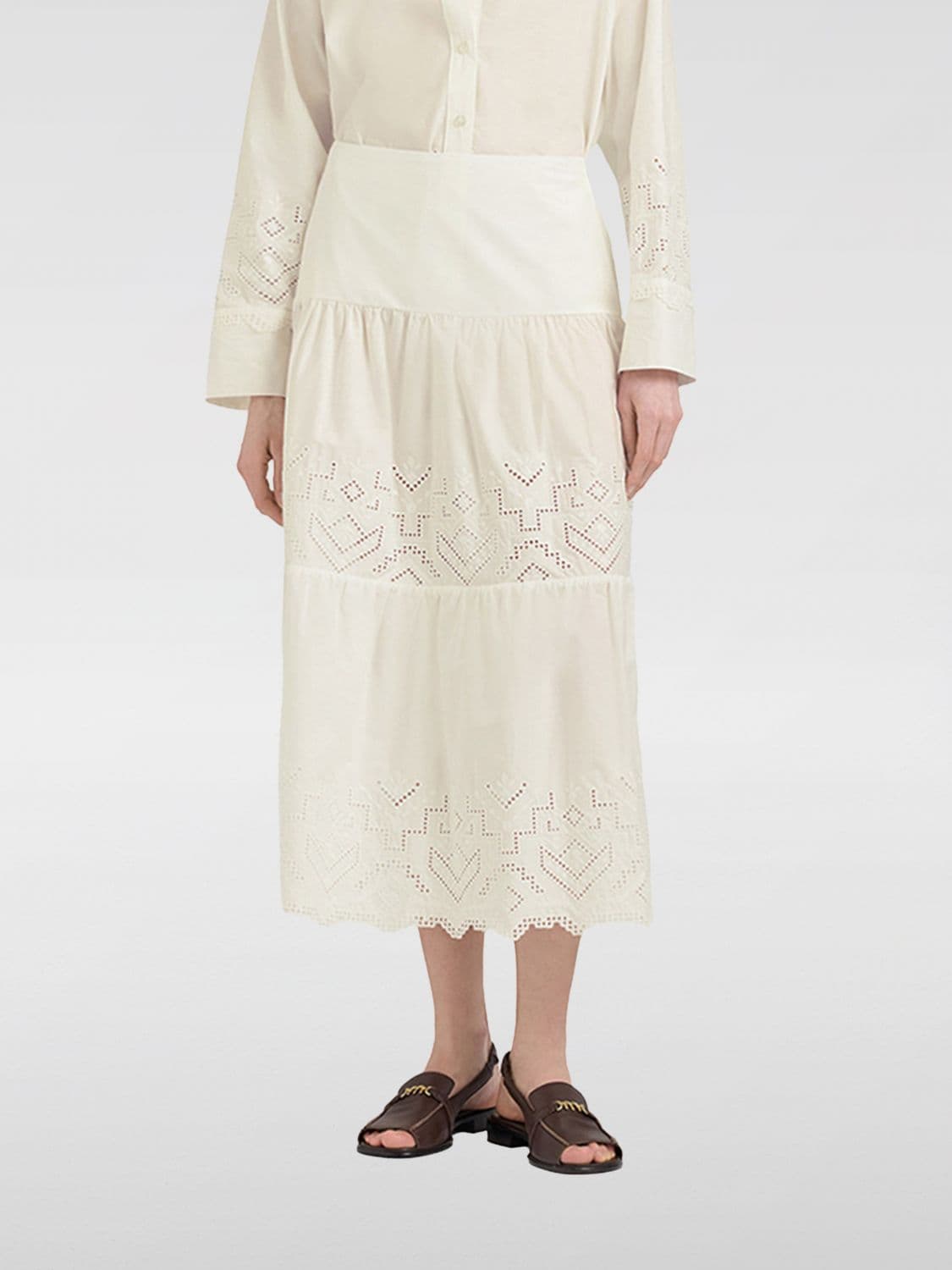 Momonì A-Line Cotton Midi Skirt with Lace Inserts