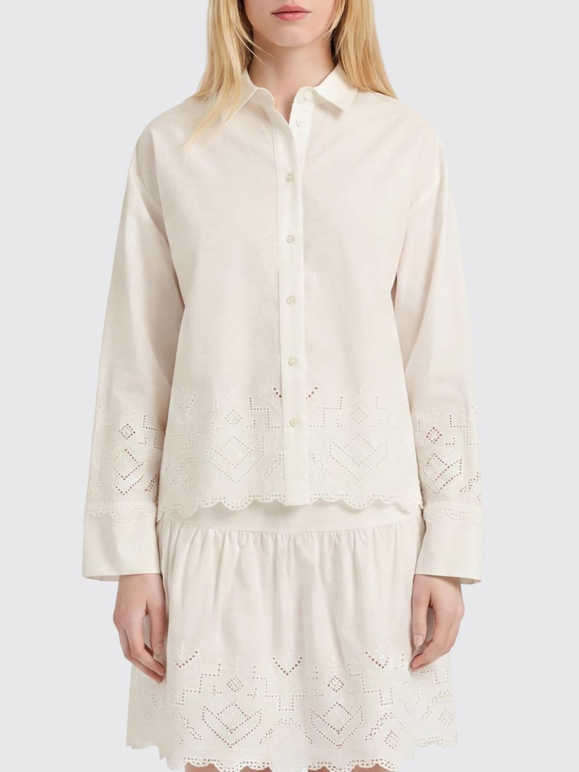 Momonì Long-Sleeved Cotton Shirt with Lace Inserts
