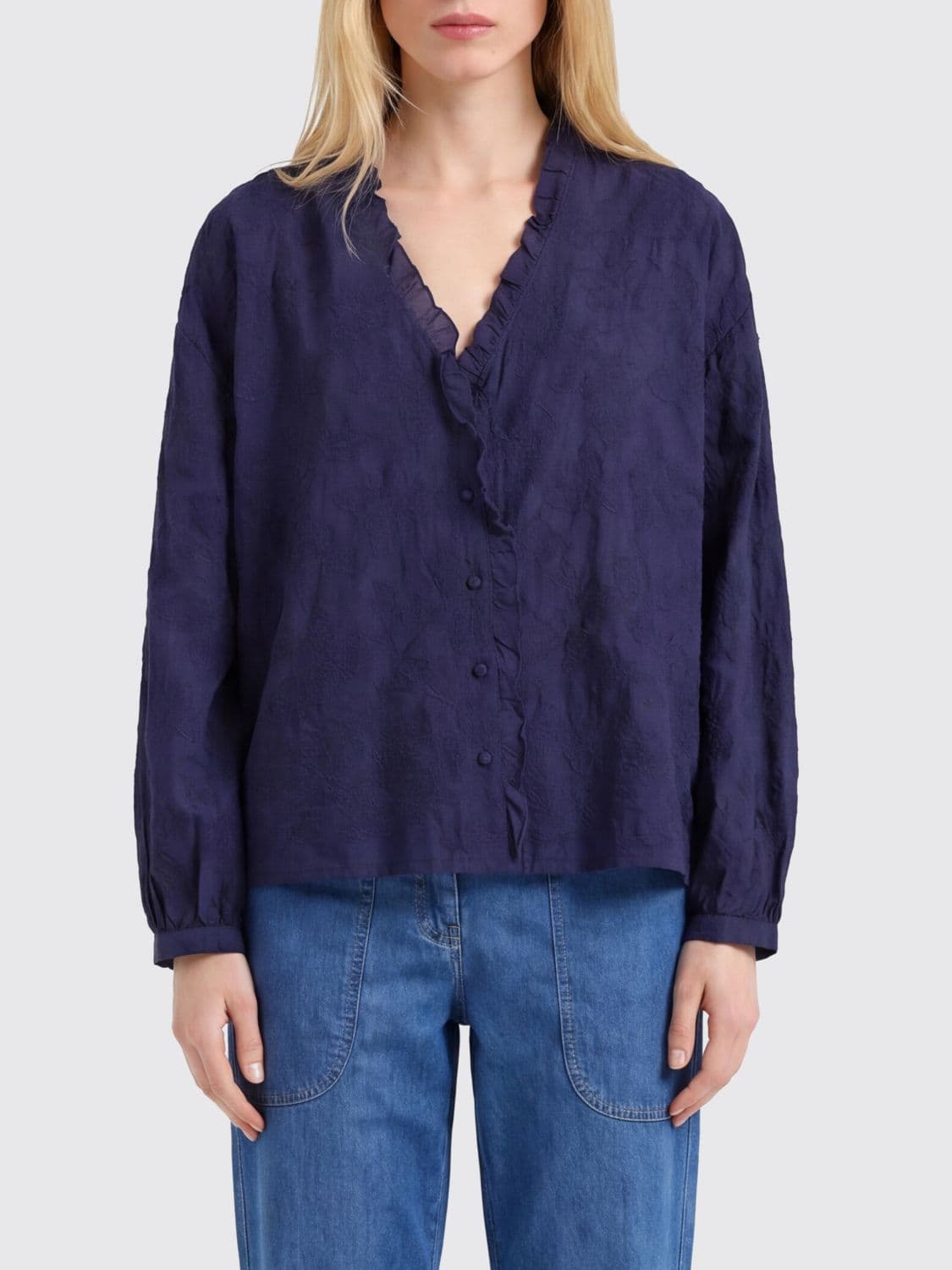 Momonì Relaxed Fit V-Neck Shirt in Cotton Voile with Dropped Shoulders