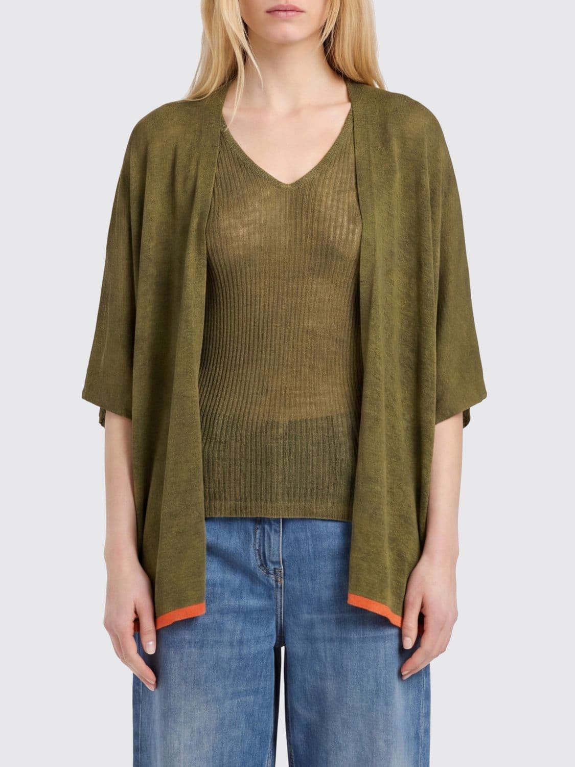 Momonì Open-Front Cardigan in a Linen Blend with Contrast Trims · OS