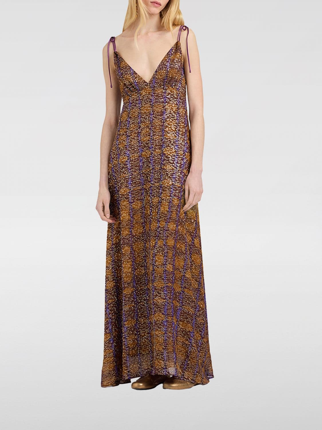 Momonì Abstract Print Long Viscose Dress with Tie-Up Shoulder Straps