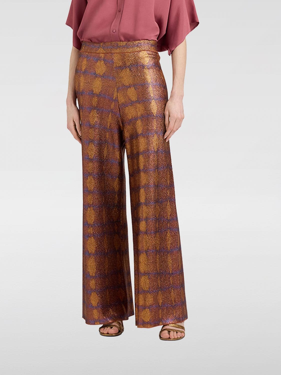 Momonì Abstract Print High-Waisted Palazzo Trousers in Viscose and Lurex