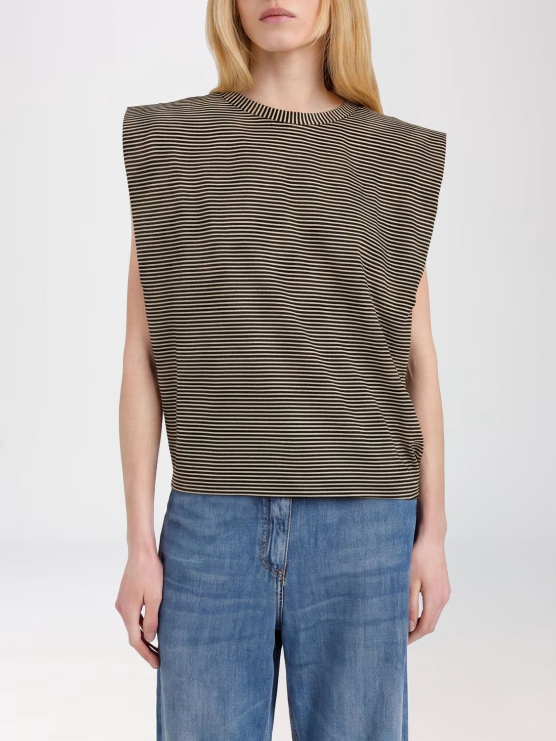 Momonì Striped Cotton-Blend T-Shirt with Padded Shoulders and Cap Sleeves
