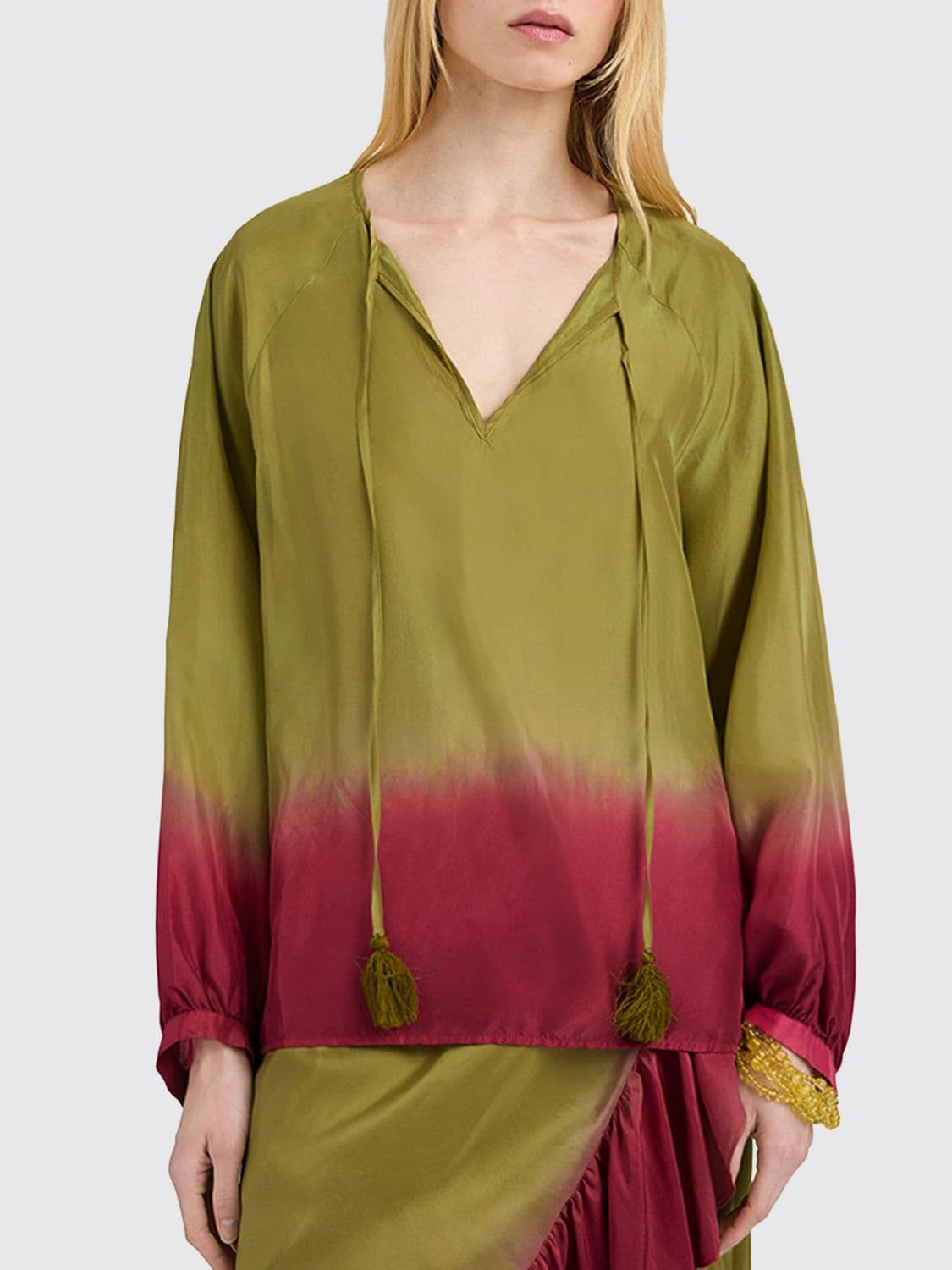 Momonì Bicolour Abstract Print Silk Blouse with Long Sleeves