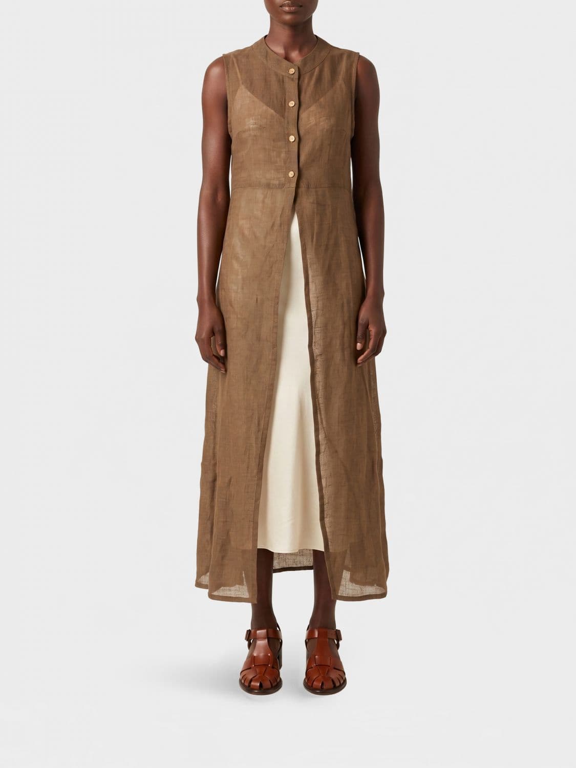 Le Kasha Sleeveless Abstract Print Linen Midi Shirt Dress