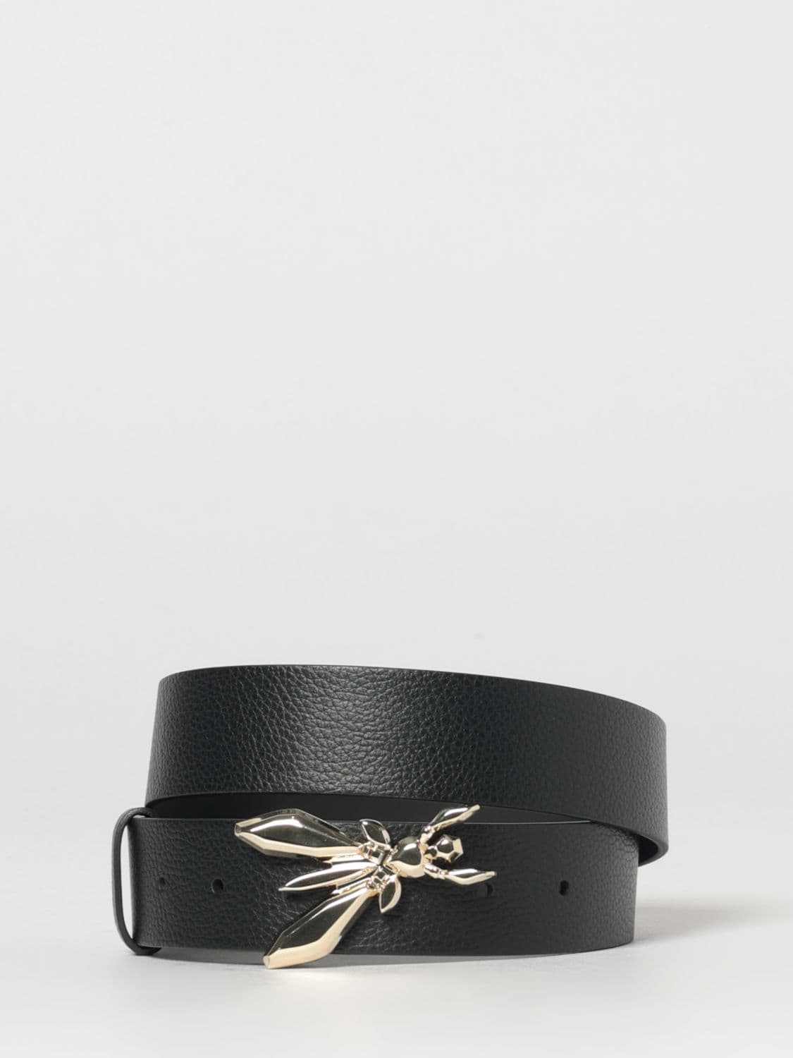 Patrizia Pepe Adjustable Grained Leather Belt with Metal Fly Monogram Buckle