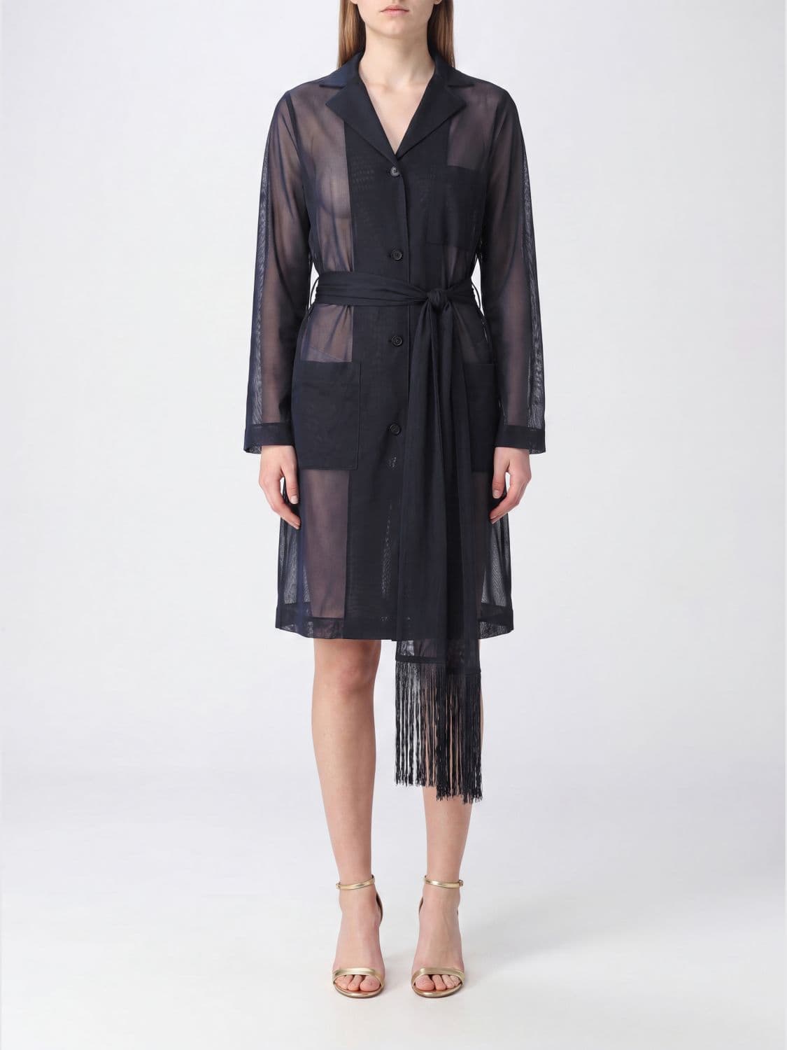 Ferragamo Knee-Length Sheer Jacket with Fringes and a Tie-Waist Belt · XS