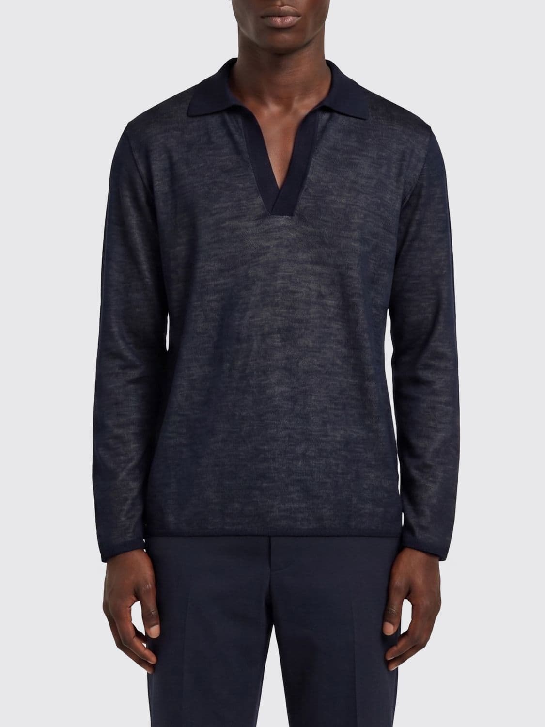 Ferragamo Long-Sleeved Silk Polo with V-Neck