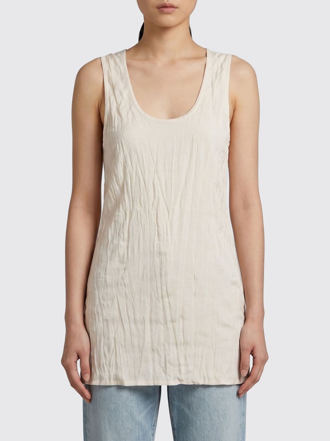 Toteme Slim Fit Viscose Blend U-Neck Top with Crinkled Effect