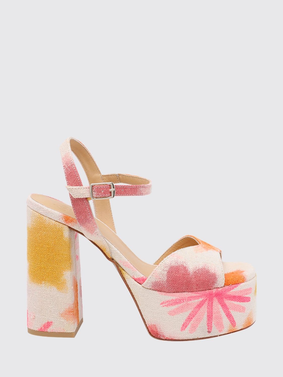 Castañer Floral Print Linen Platform Sandals with High Block Heel and Ankle Strap