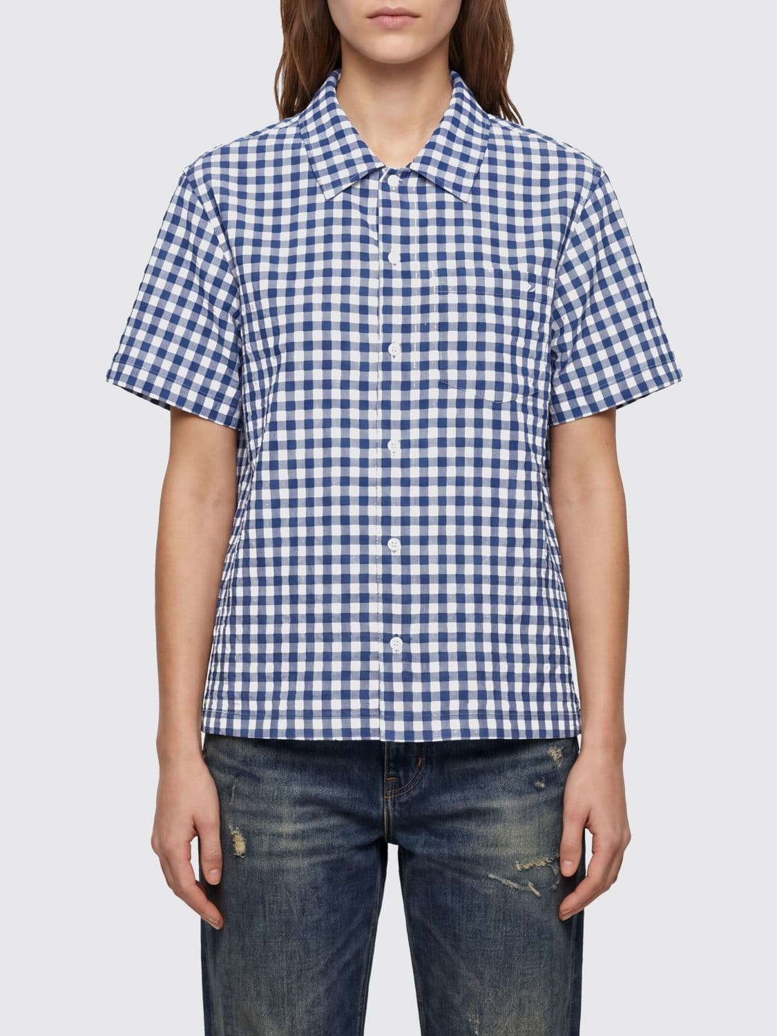 Dunst Check Pattern Slim Fit Shirt in Cotton Blend with Short Sleeves