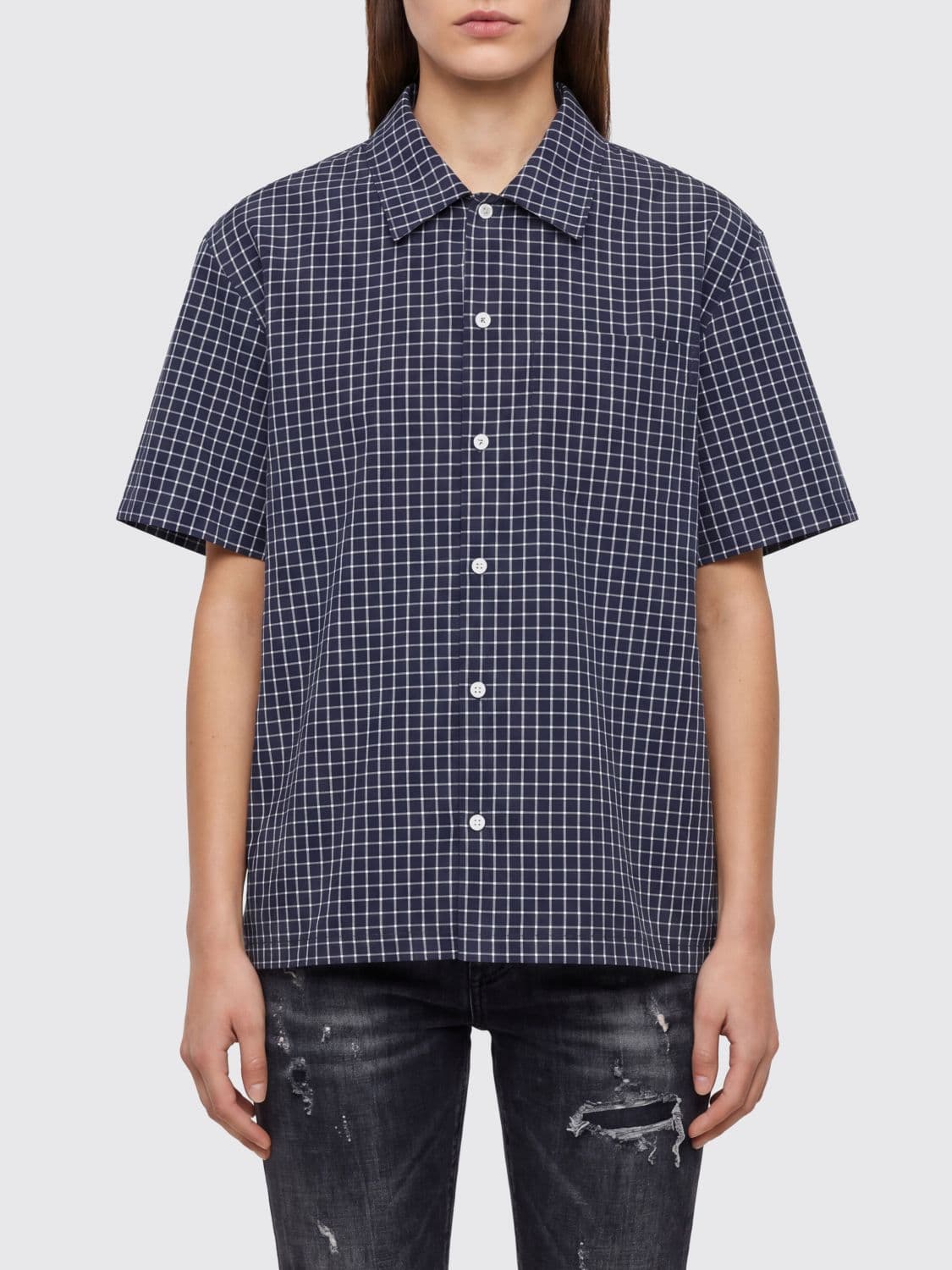 Dunst Check Pattern Cotton-Blend Shirt with Patch Pocket and Dropped Shoulders