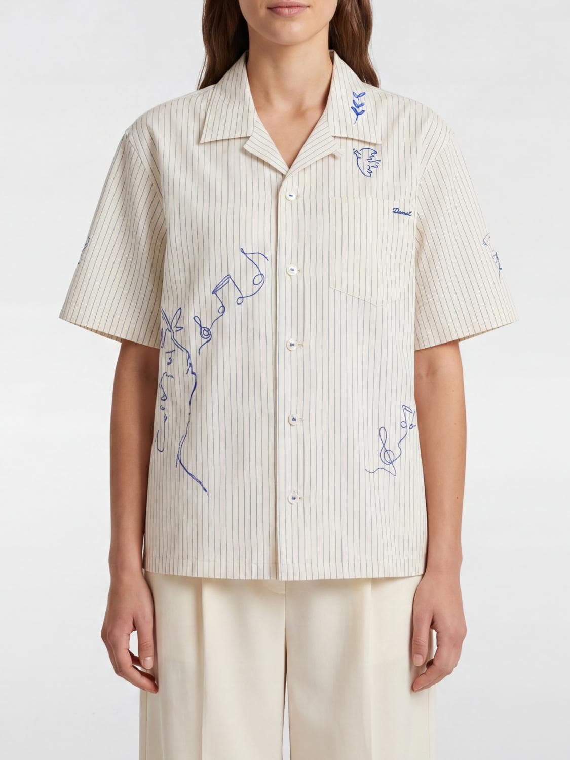Dunst Striped Cotton Bowling Shirt with Cuban Collar and Contrast Logo