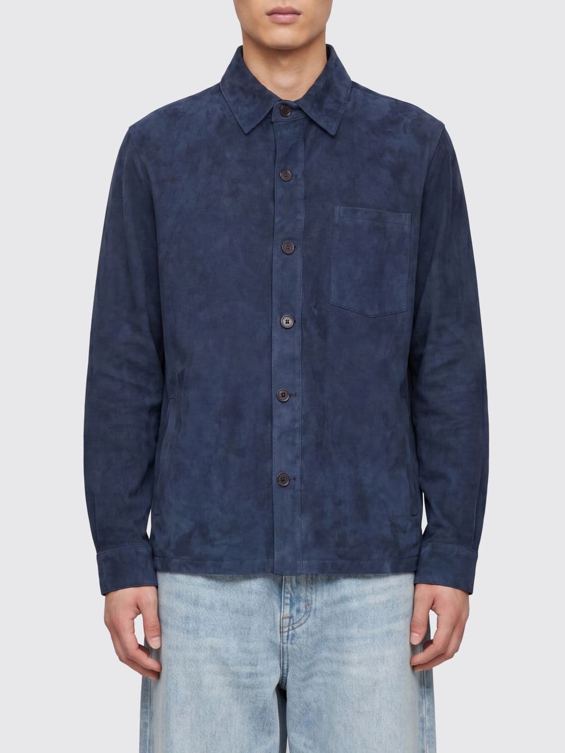 Arma Suede Leather Shirt with French Collar and Patch Pockets
