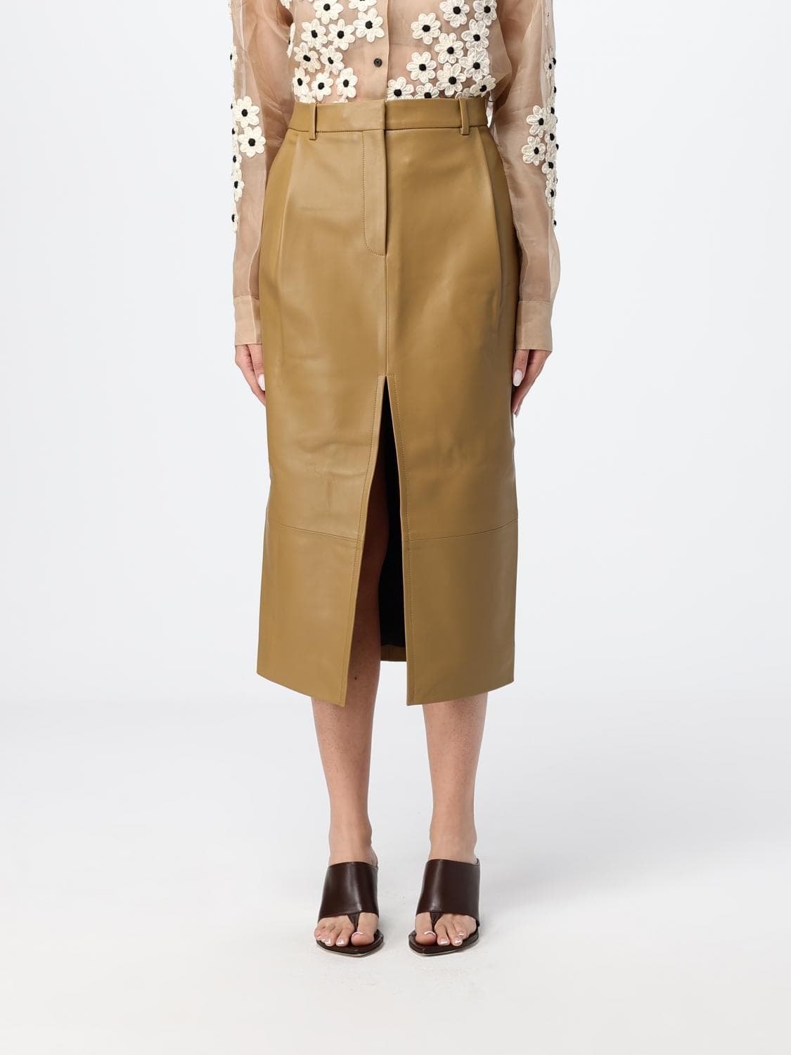 Khaite Mid-Rise Leather Midi Pencil Skirt with Front Slit