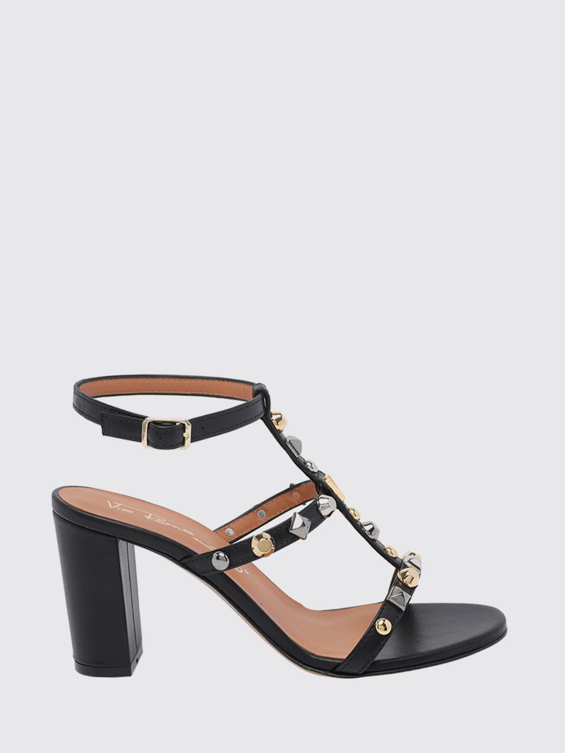 Via Roma 15 T-Strap High Heel Leather Sandals with Stud Application