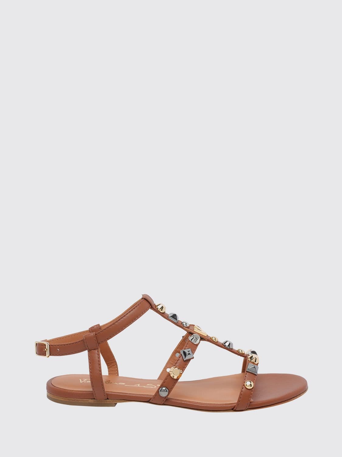Via Roma 15 Flat T-Strap Smooth Calfskin Leather Sandals with Stud Application · 36