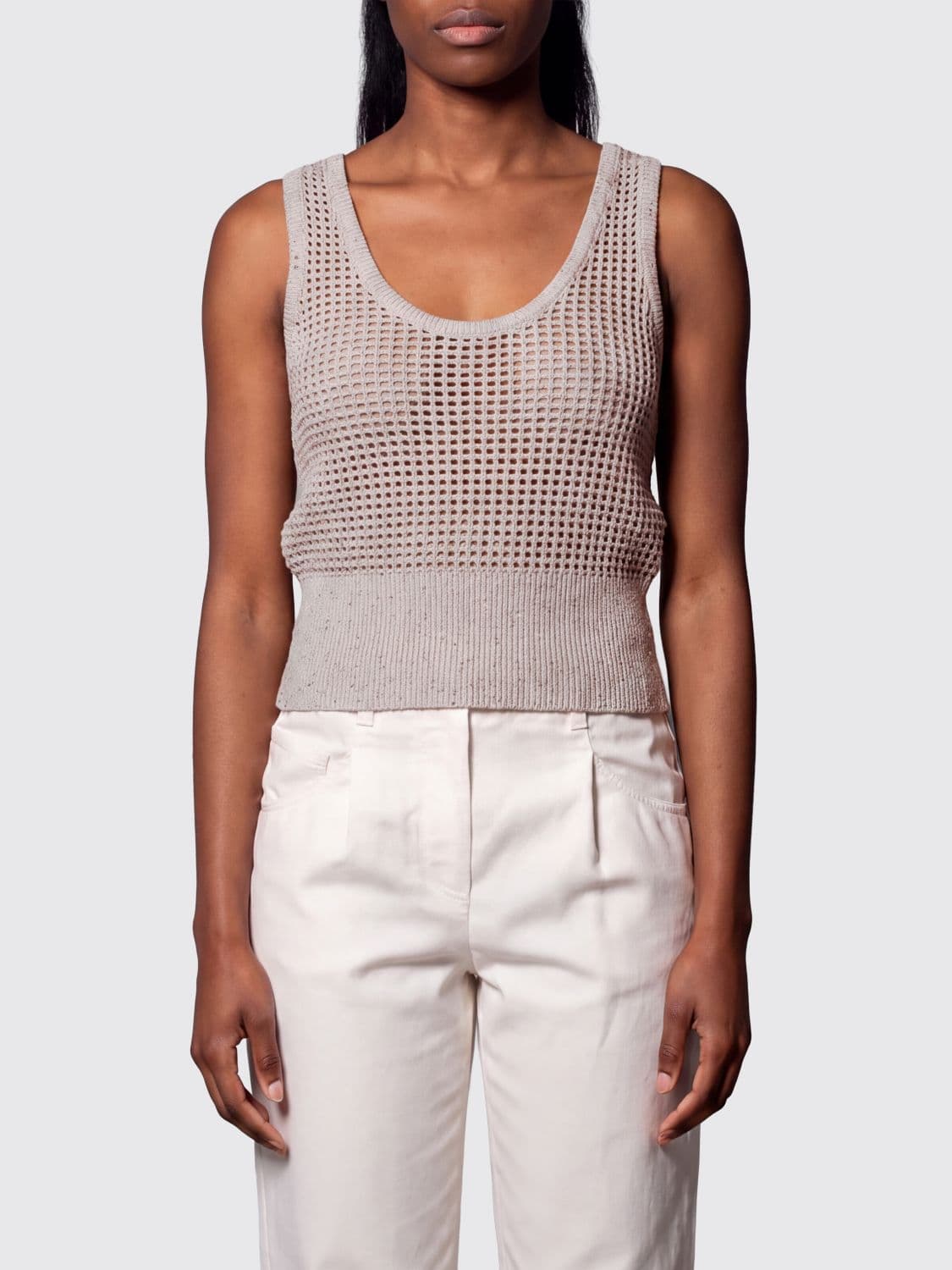 Brunello Cucinelli Sleeveless Openwork-Knit Cotton Top with U-Neck