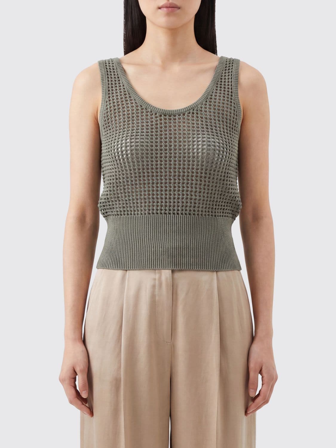 Brunello Cucinelli Sleeveless Openwork-Knit Cotton Top with U-Neck