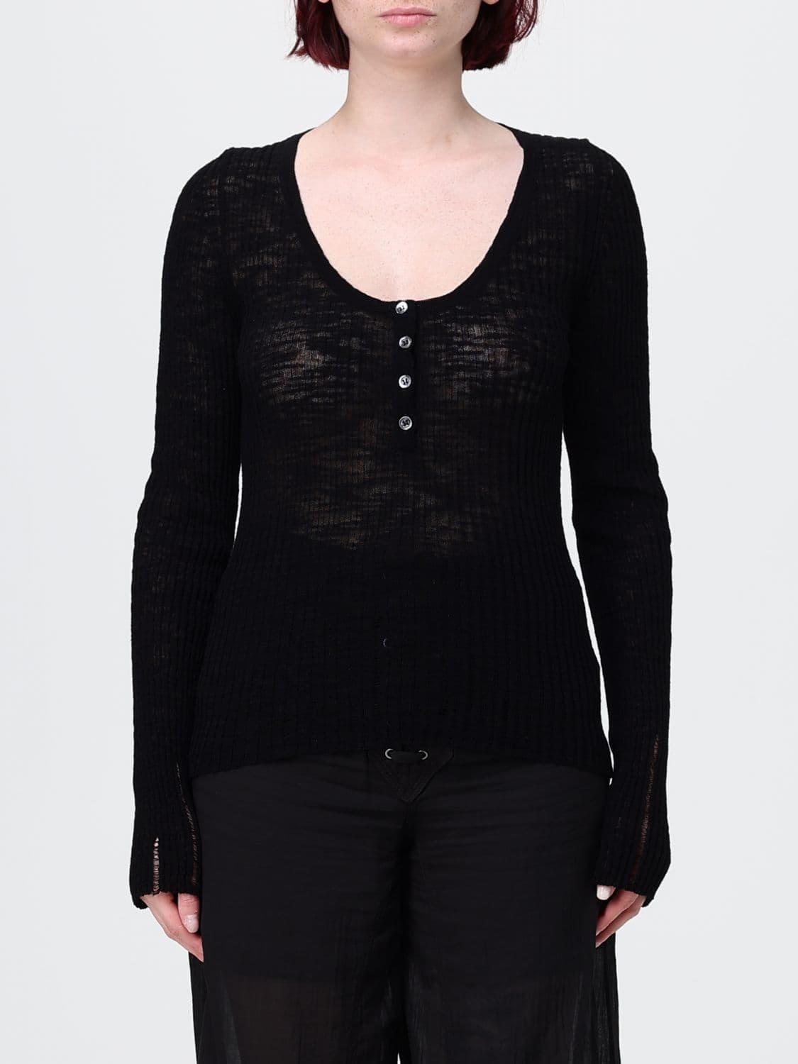 Pinko Slim Fit U-Neck Long-Sleeved Cotton Top with Buttons