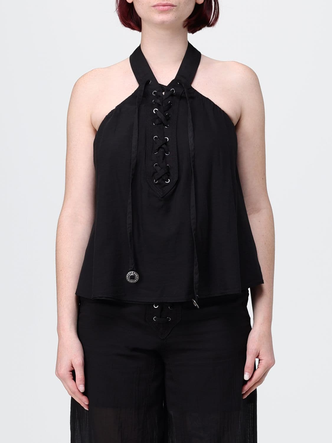 Pinko Cotton Halter-Neck Top with Braided Tie-Up Straps
