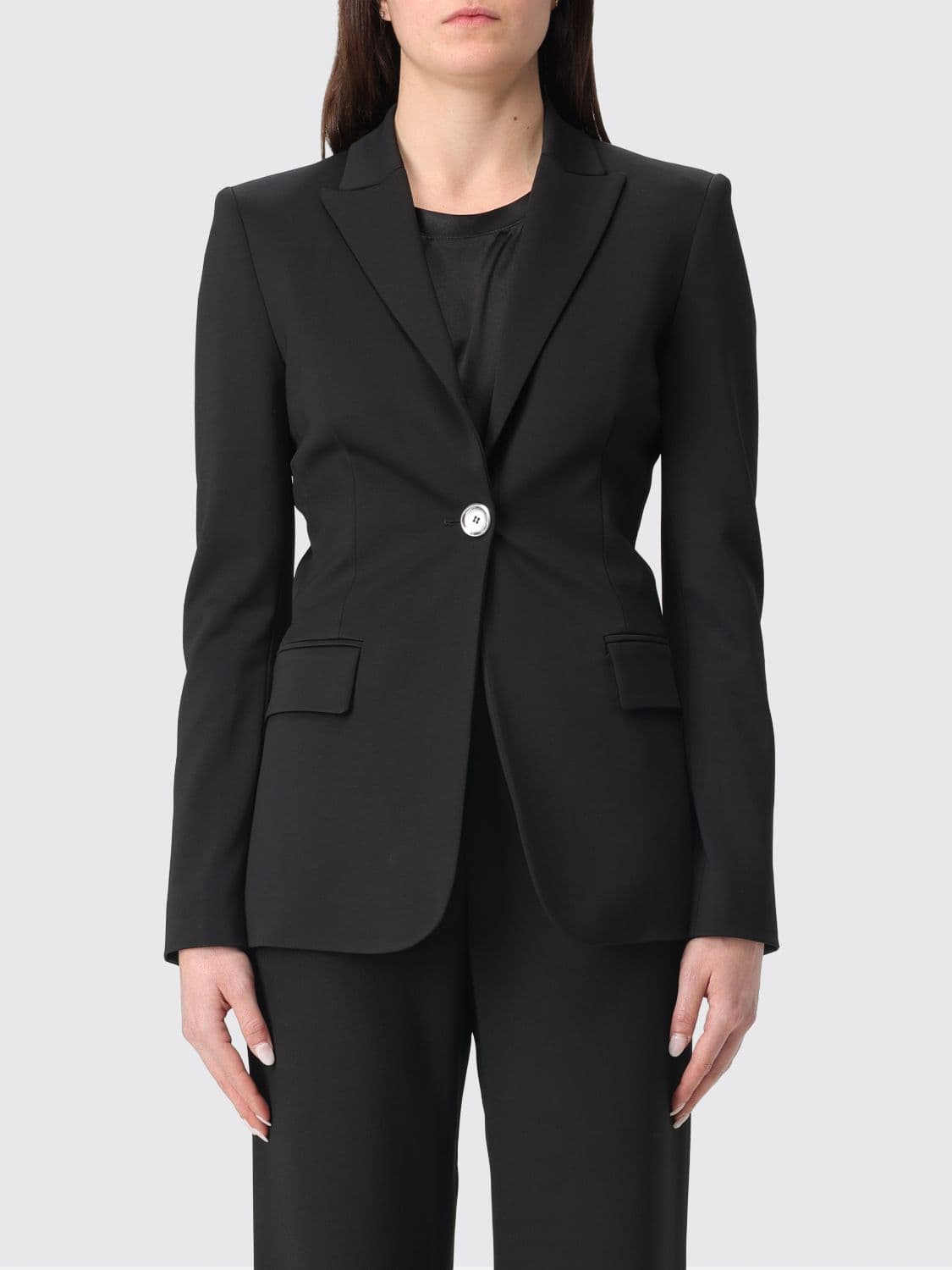 Pinko Cropped Slim Fit Crêpe Blazer with Single-Button Closure