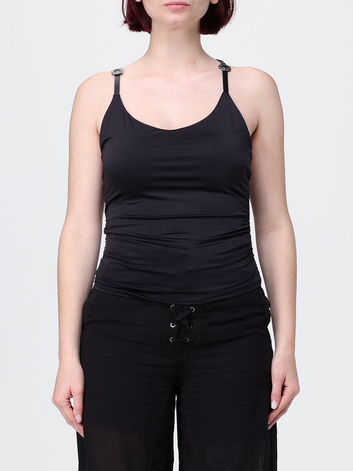 Pinko Slim Fit Stretch-Fabric Top with Criss-Cross Straps and Studs
