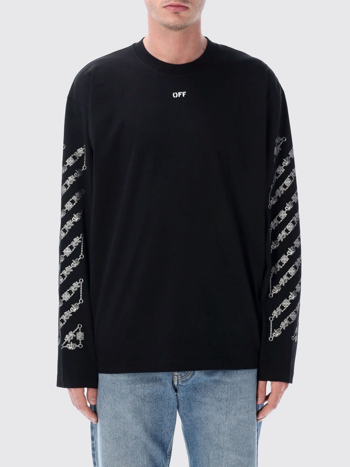 Off-White Long-Sleeved Cotton T-Shirt with Arrow and Diagonal Print