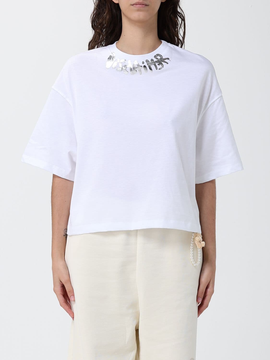 Disclaimer Cropped Cotton T-Shirt with Printed Logo and Crew Neck