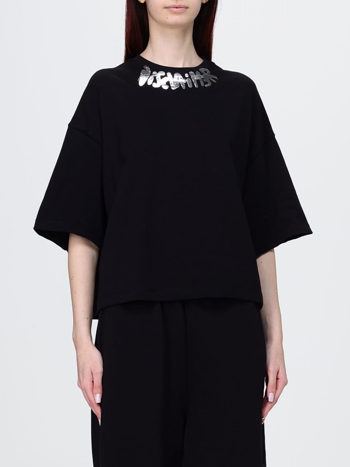 Disclaimer Cropped Cotton T-Shirt with Printed Logo and Crew Neck