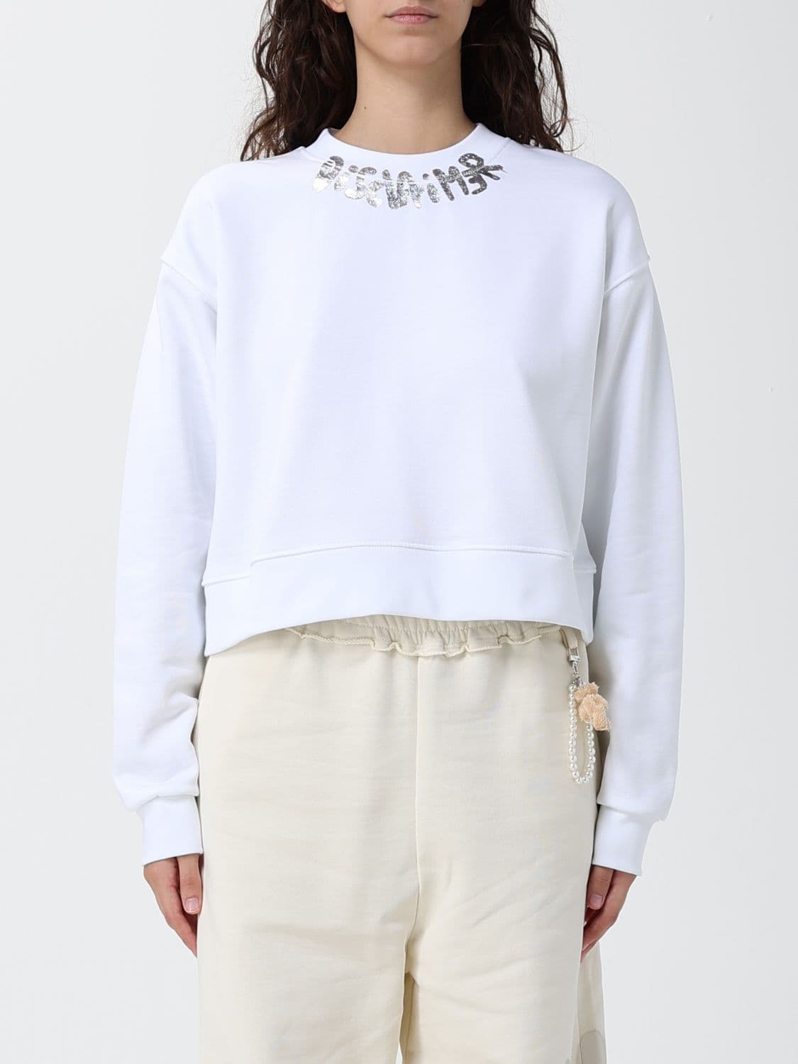 Disclaimer Cropped Cotton Jumper with Printed Logo and Crew Neck