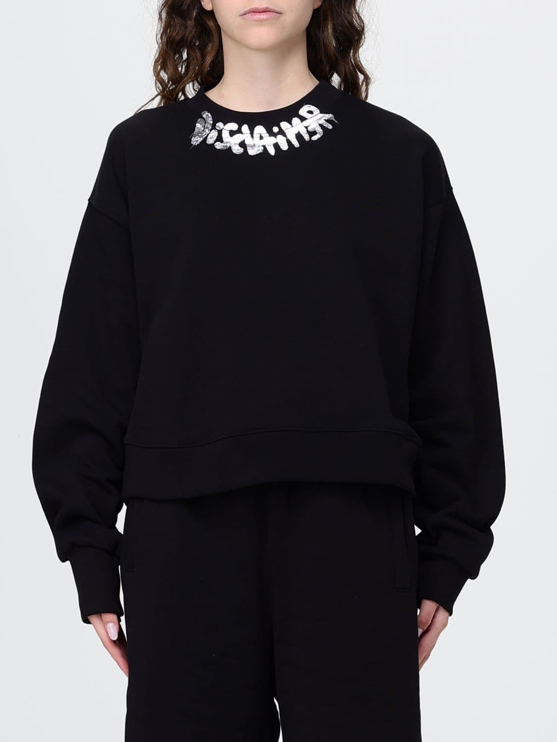 Disclaimer Cropped Cotton Jumper with Printed Logo and Crew Neck