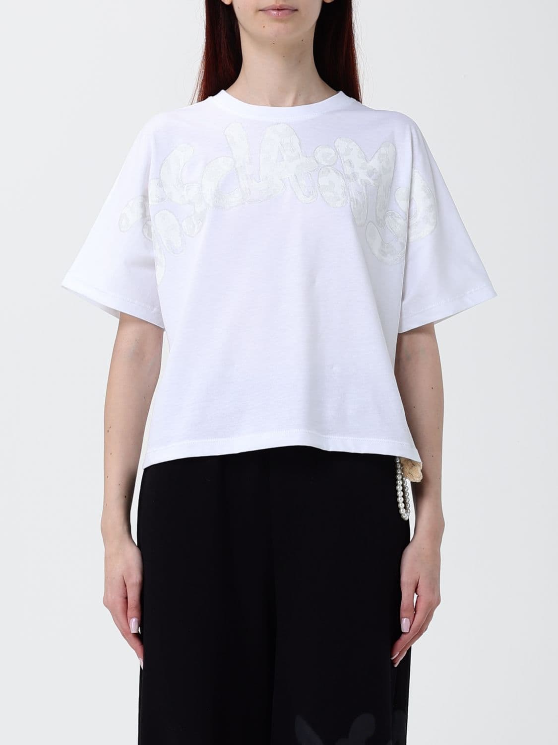 Disclaimer Cropped Cotton T-Shirt with Printed Logo and Crew Neck