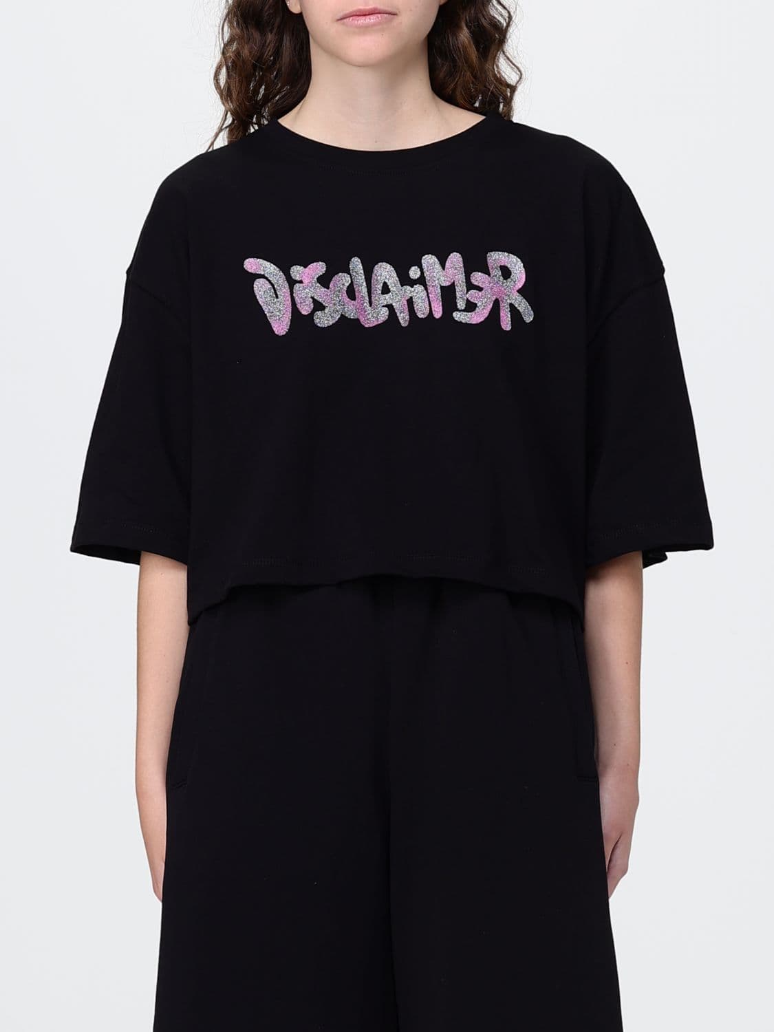 Disclaimer Cropped Cotton T-Shirt with Printed Logo and Crew Neck