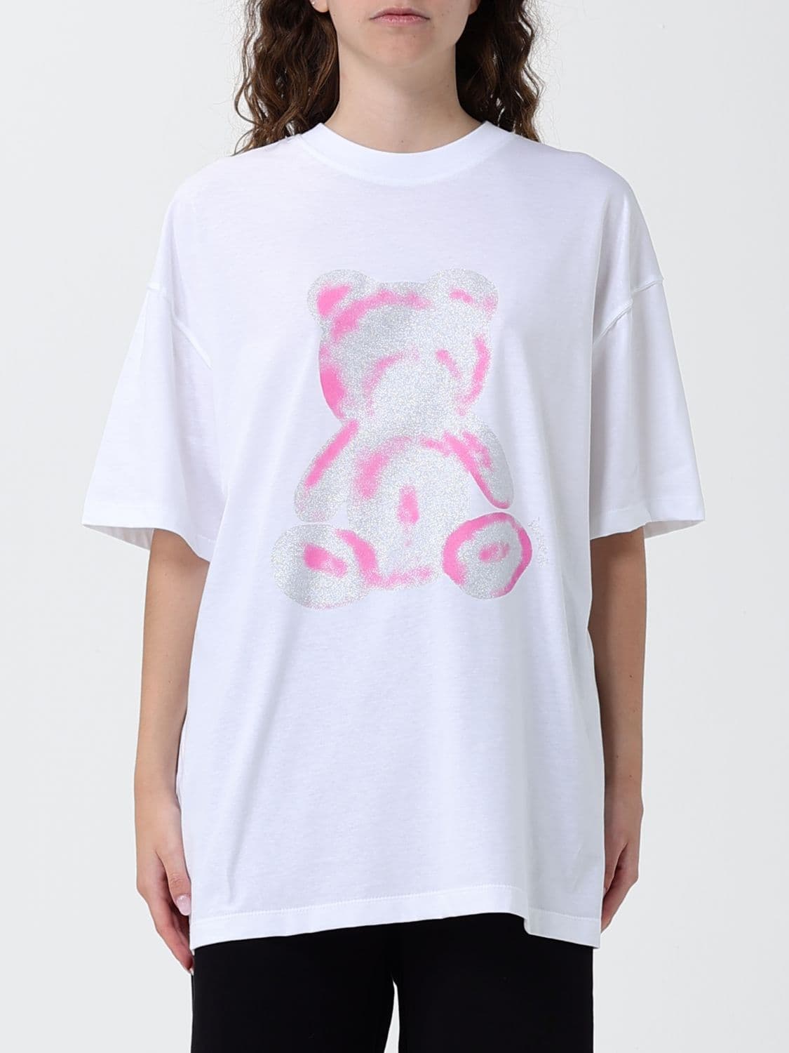 Disclaimer Oversized Cotton T-Shirt with Teddy Bear Print and Crew Neck