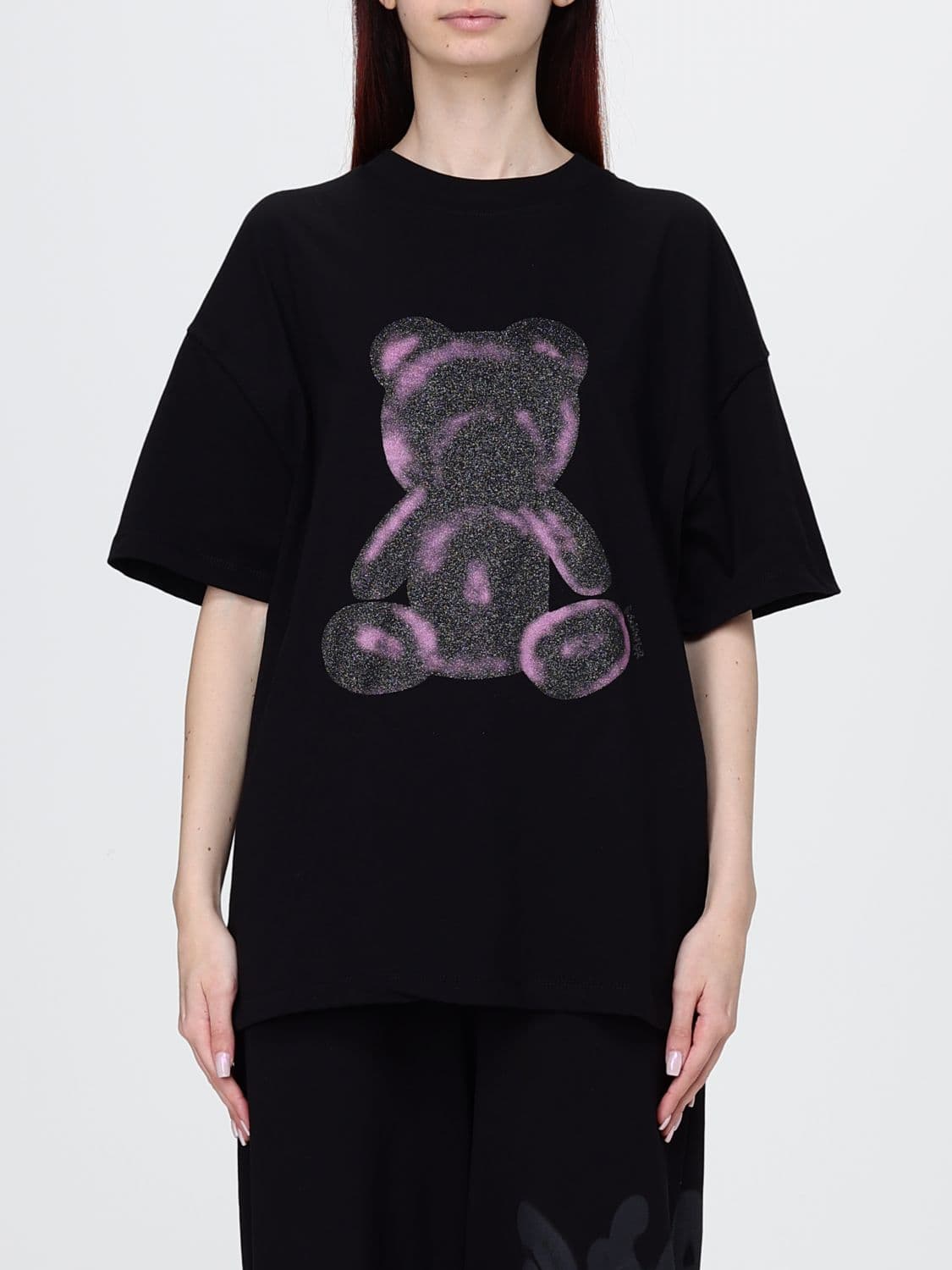 Disclaimer Oversized Cotton T-Shirt with Teddy Bear Print and Crew Neck
