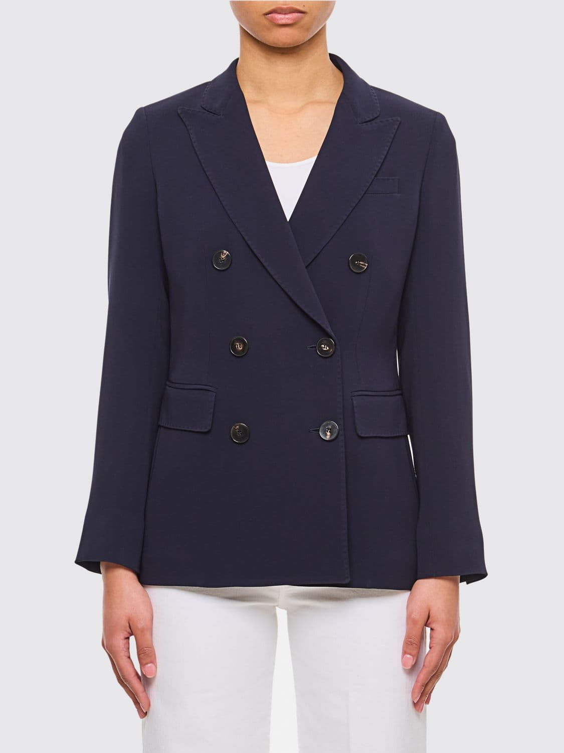Alberto Biani Slim Fit Double-Breasted Cady Blazer with Classic Lapels · 48